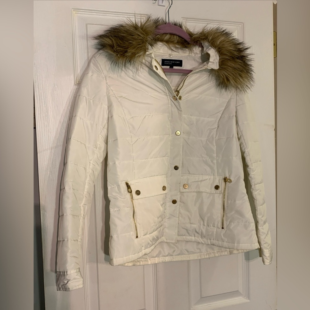 Jones New York Puffer Jacket Women's Small Brown Removable Faux Fur Collar White